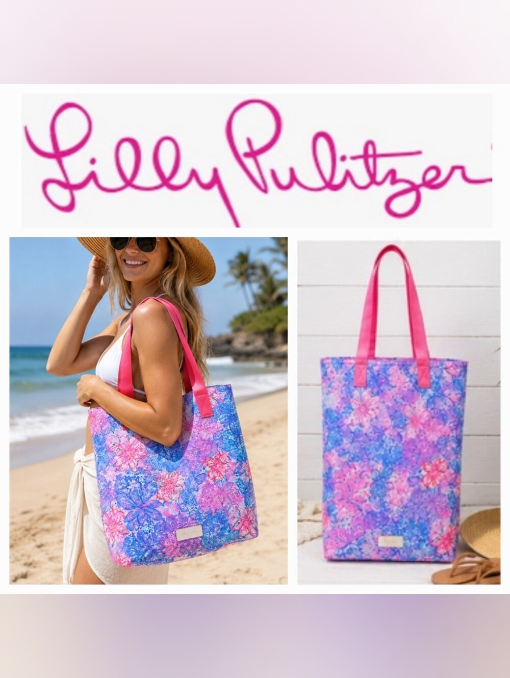 Lilly Pulitzer Mesh Tote Bag Pink lsle Snappy Turtle NWOT Bright Tropical Print